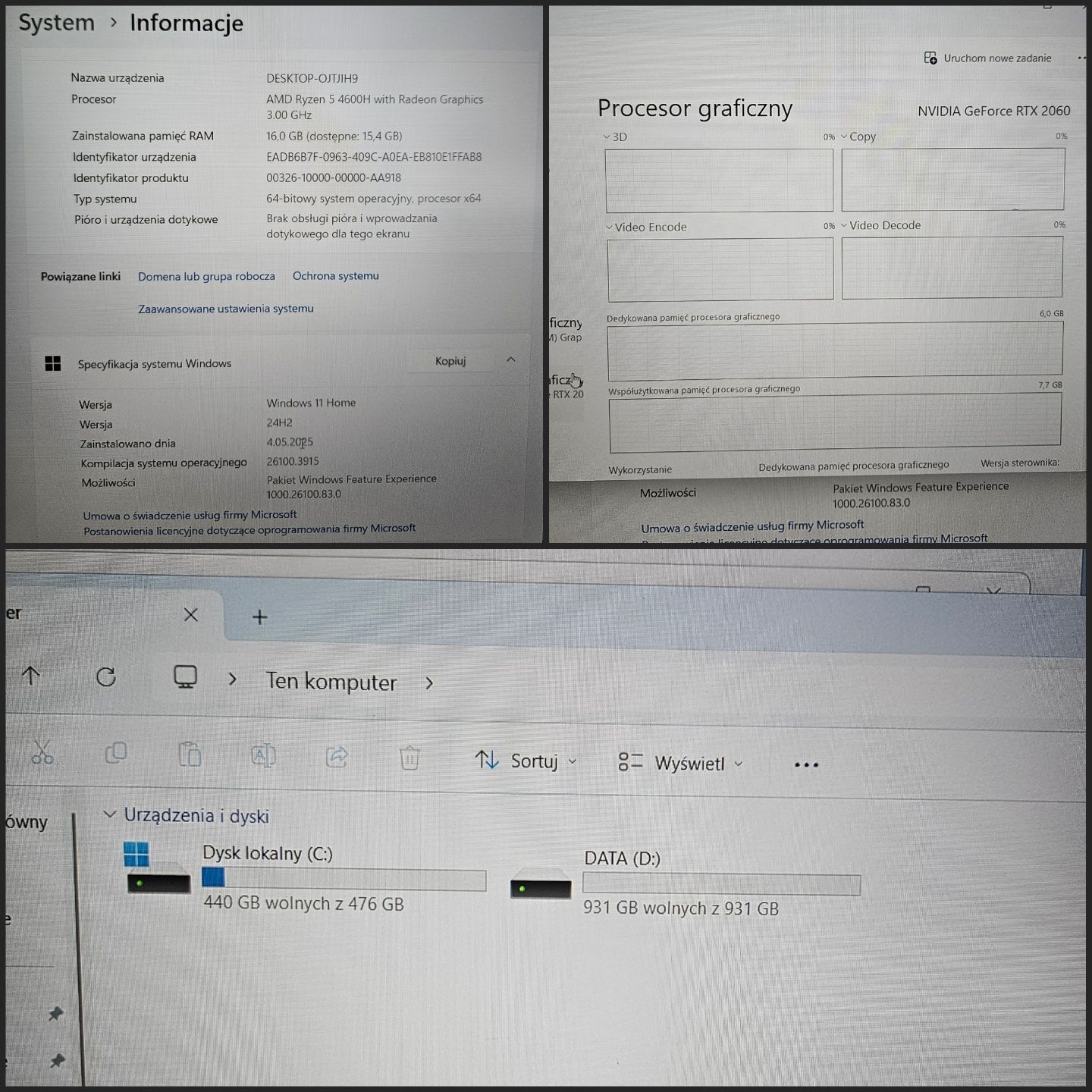 Laptop gamingowy Lenovo LEGION 5 15ARH05H Ryzen 5 16GB RTX 2060 1.5TB