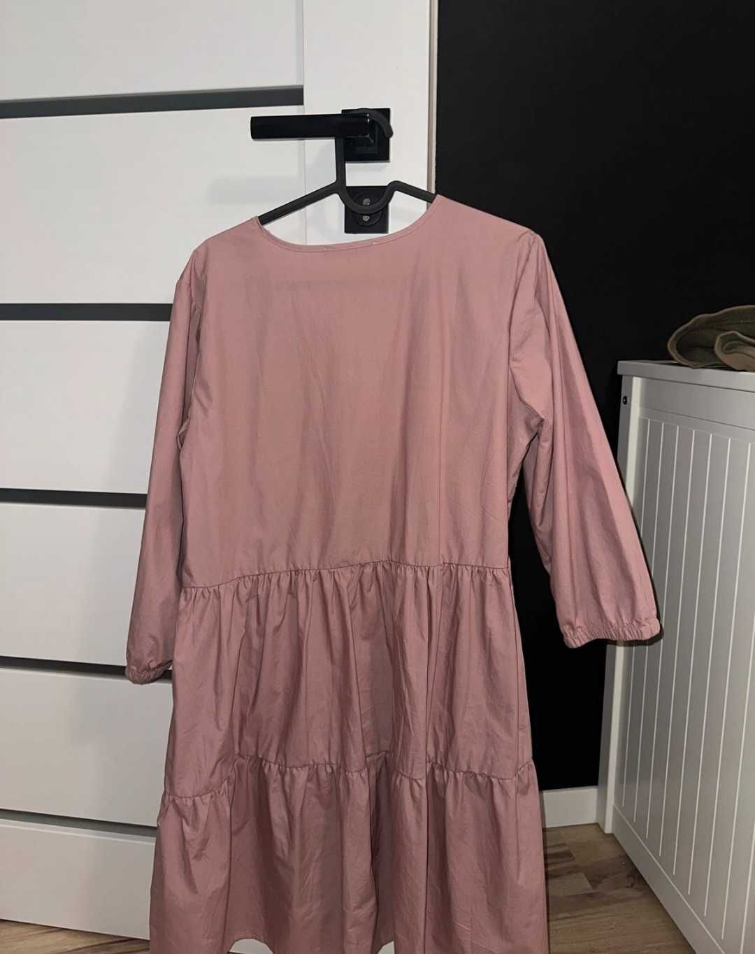 Bawełniana sukienka koszula tunika baby Doll pudrowy róż M