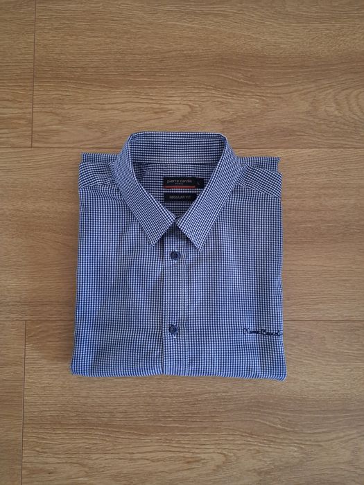 Koszula męska, kratka biało-granatowa, rozmiar L, Pierre Cardin