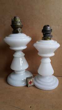lampa naftowa stołowa- dwie w parze, białe opalowe szkło