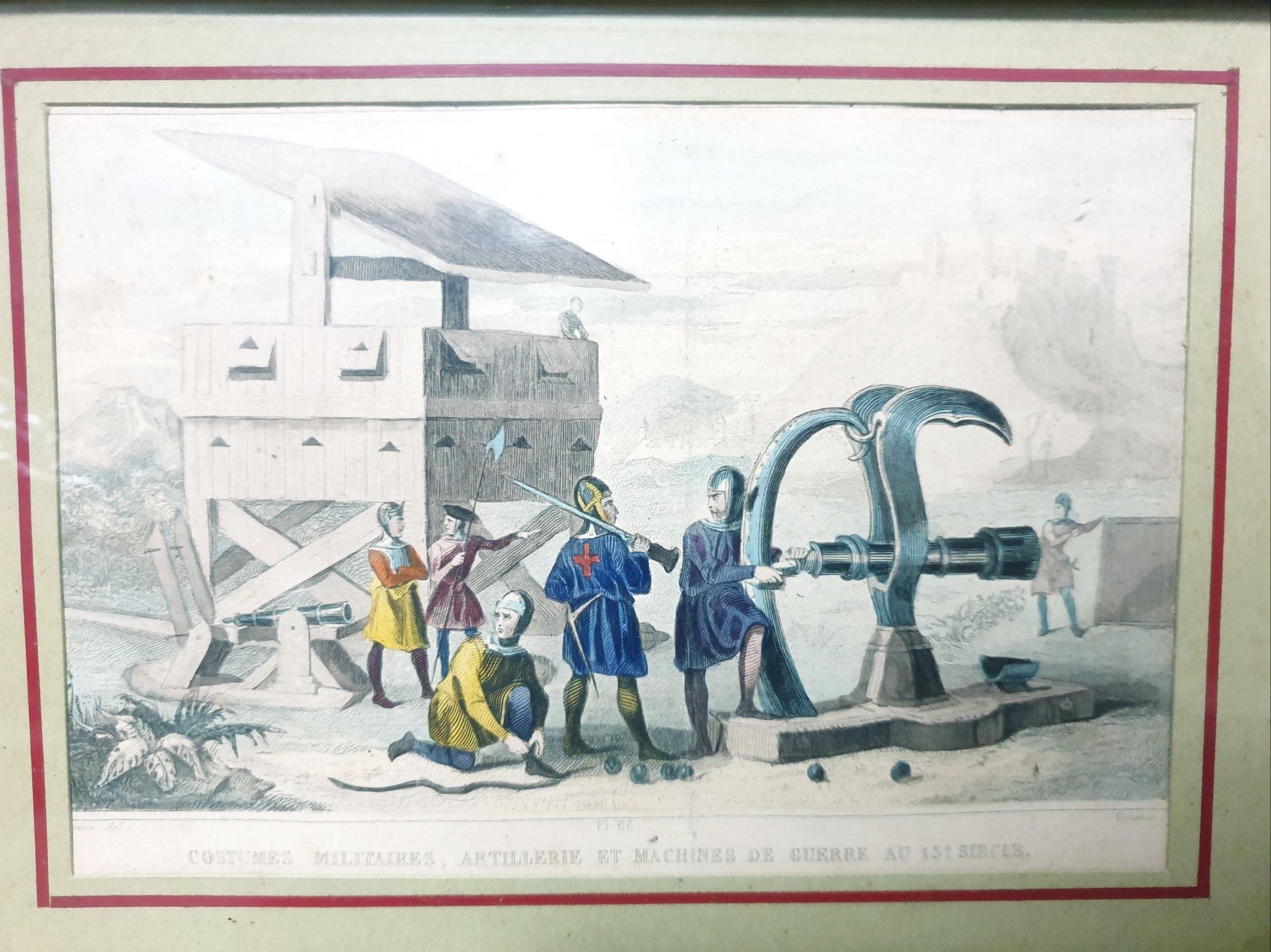 Quadro com antiga gravura francesa de costumes Militares do Sec. XV