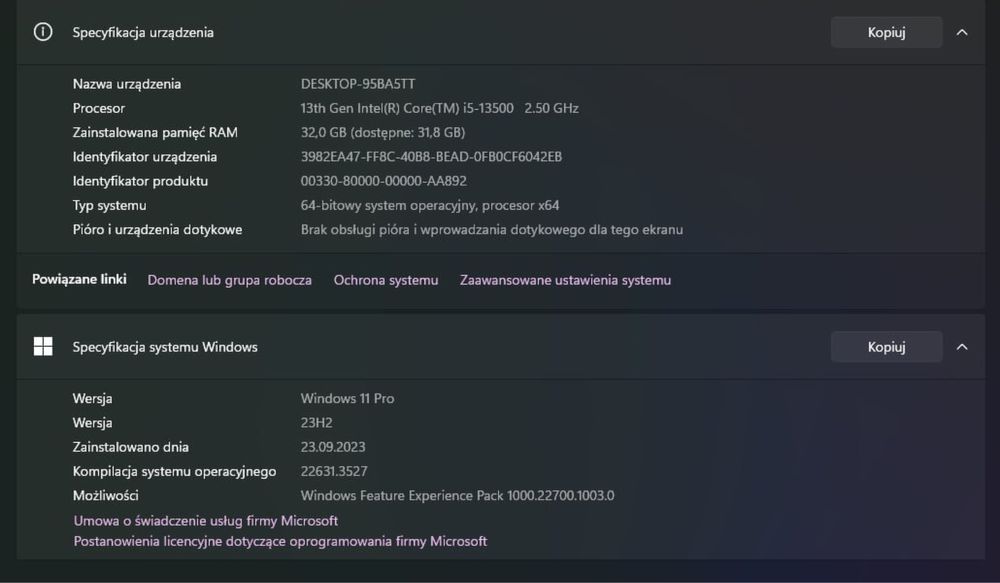 Sprzedaż Komputera  I5 13500 RTX 4070 32GB RAM 2TB SSD