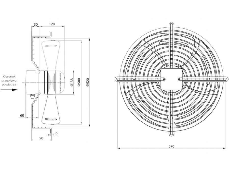 Wentylator osiowy, nadmuchowy z siatką 500mm, 6570 m3/h FST500