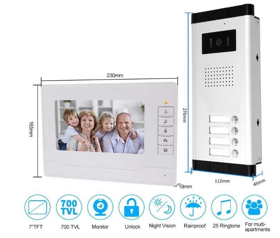 Wideodomofon z 4 kolorowymi monitorami TFT-LCD 7''