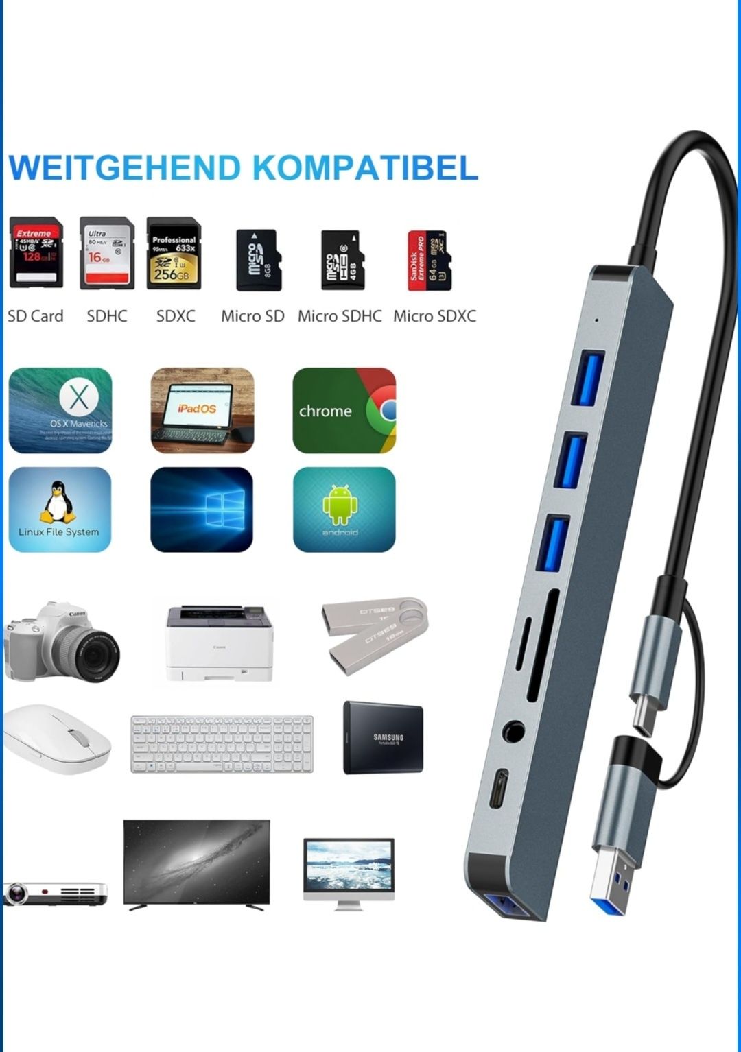 Adapter USB C rozszerza jeden port USB-C na 8 portów,