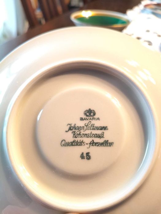 Trio kawowe Bavaria – Johann Seltmann – zielone ze złotem (lata 40–50)