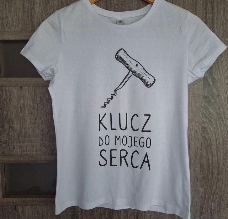 NOWY biały T-shirt z grafiką śmieszny 34 36 krótki rękaw koszulka