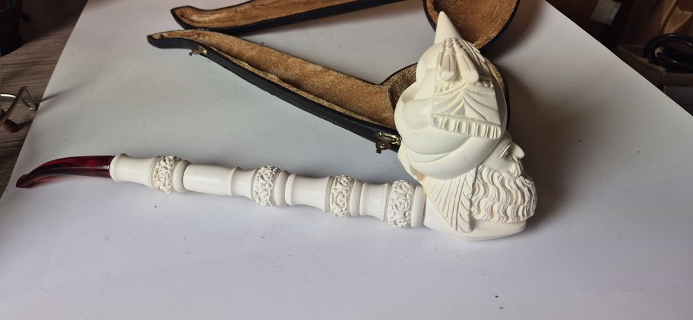 Piękna stara olbrzymia fajka z pianki morskiej sepolit w etui 34 cm