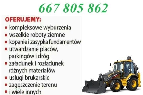 Roboty ziemne koparko-ładowarką minikoparka wyburzenia rozbiórki