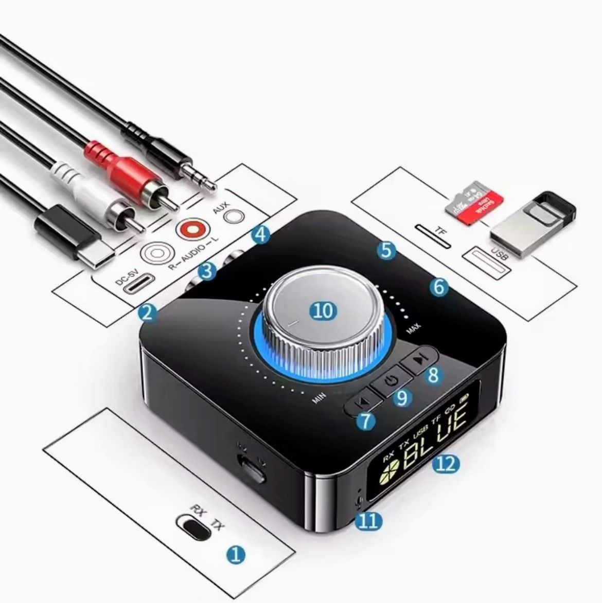 Bluetooth 5.0 z wyświetlaczem LED i pilotem.