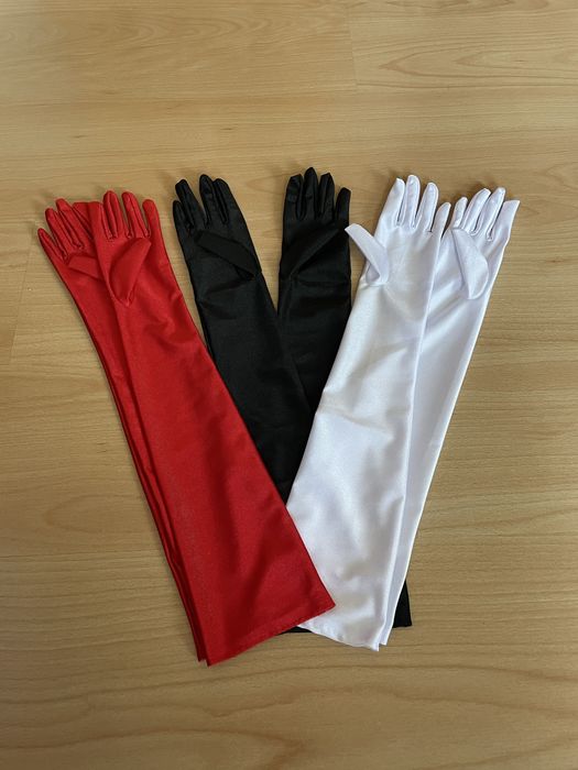 Сатинові чорні/білі/червоні довгі рукавички для фото/образу/сцени