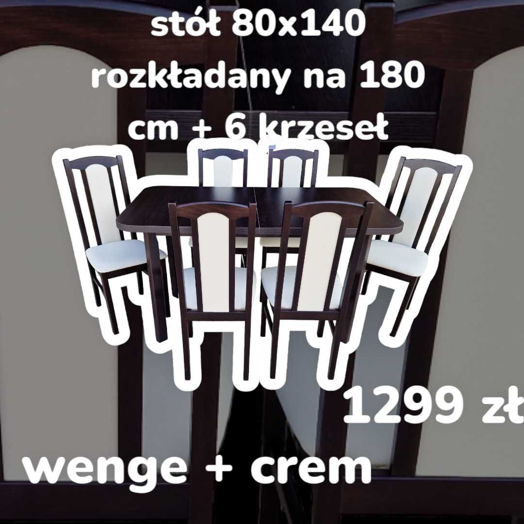 OD RĘKI: Stół 80x140/180 + 6 krzeseł , WENGE + CREM , dostawa PL