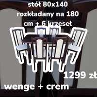 OD RĘKI: Stół 80x140/180 + 6 krzeseł , WENGE + CREM , dostawa PL