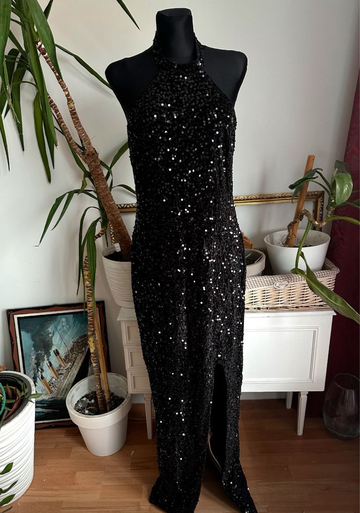 Czarna cekinowa sukienka maxi L 40 xl 42 welurowa Boohoo
