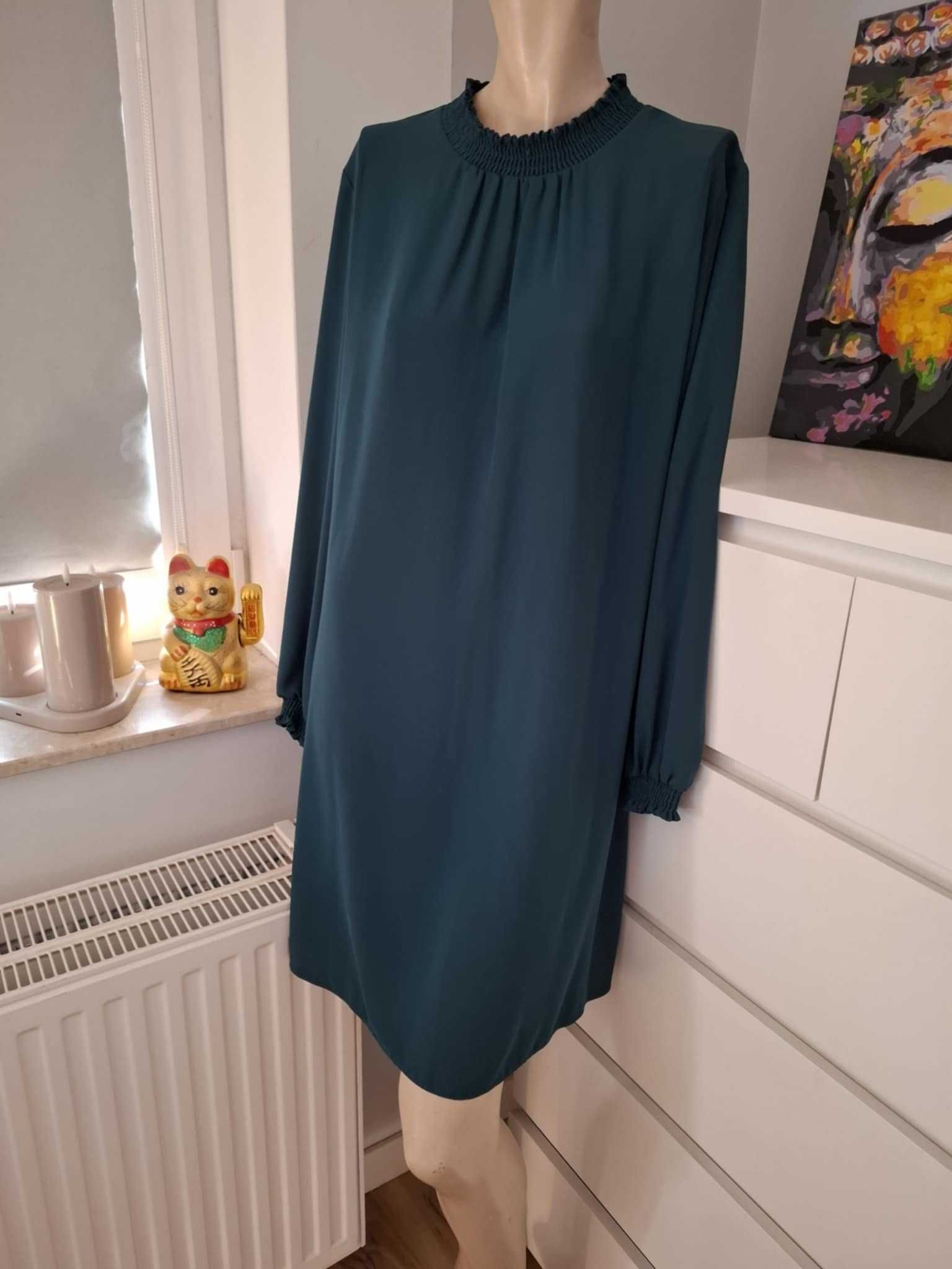 44 Dorothy Perkins ciemnozielona sukienka zielony butelkowy ze stójką