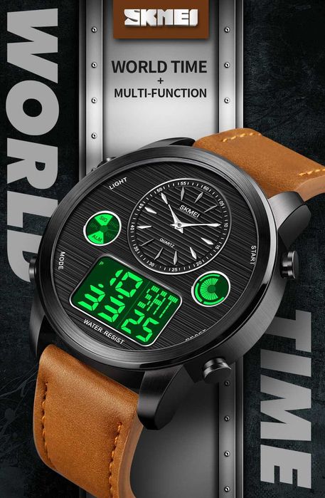 Biznesowy Zegarek Męski Na Skórzanym Pasku METAL Czas Światowy LED