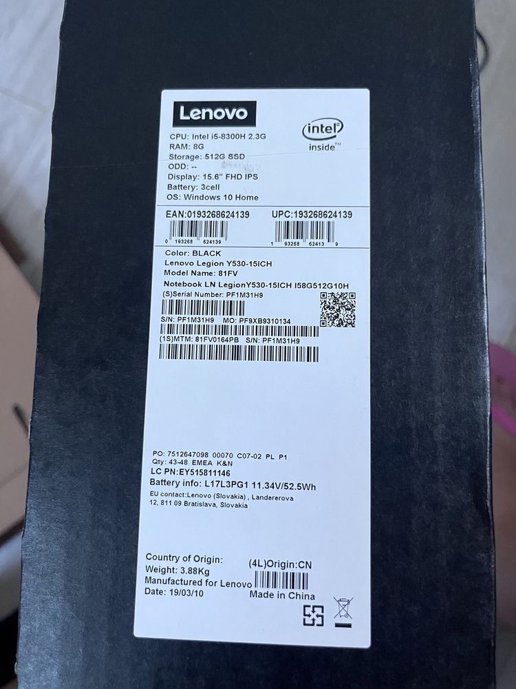 Laptop Lenovo Legion Y530-15ICH/i5-8300/8 GB RAM/ 512G SSD