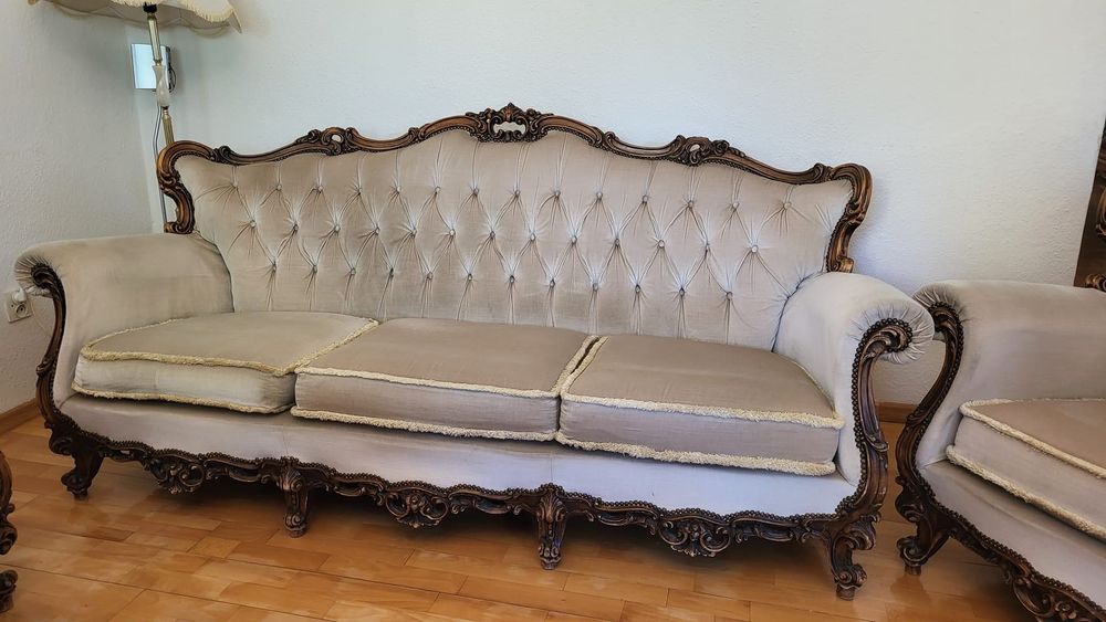 Sofa i fotele barok ludwik klasyczny wypoczynek kremowy drewno antyk