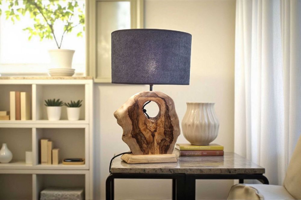 Drewniana lampa stołowa 65 cm – orzech włoski, abażur elipsa antracyt