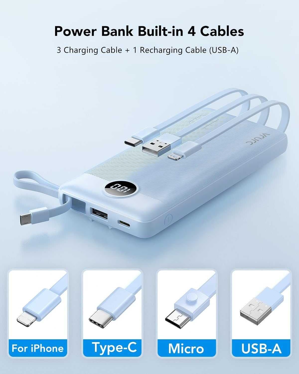Power Bank VRURC 10 000 mAh PD/QC 20 W, 5 portów, wbudowane kable, LED