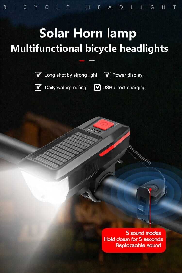 Lampa przednia do roweru usb + ogniwo słoneczne z klaksonem 120db