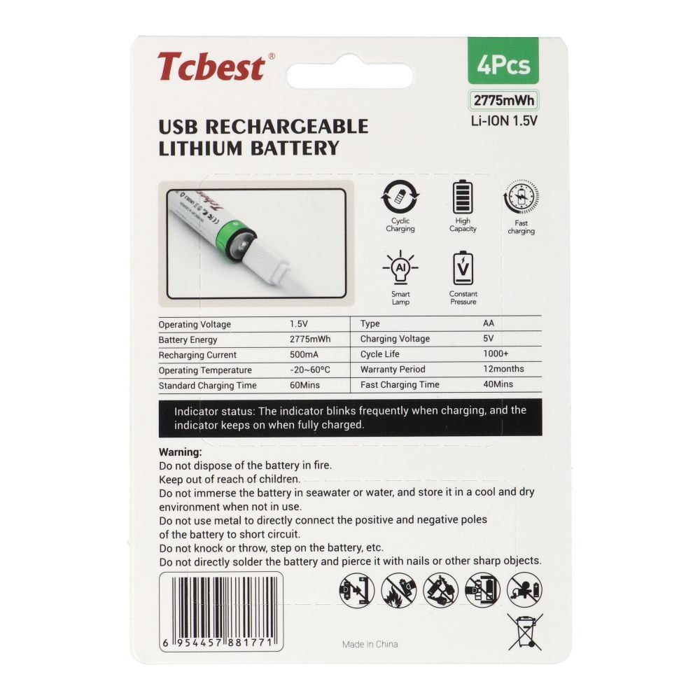 TCBEST bateria akumulatorowa R6 (AA) 750 mAh z gniazdem Typ C