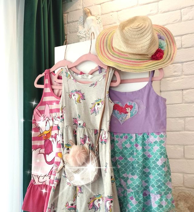 3 sukienki Arielka syrenka jednorożec Daisy torba czapka 110/116