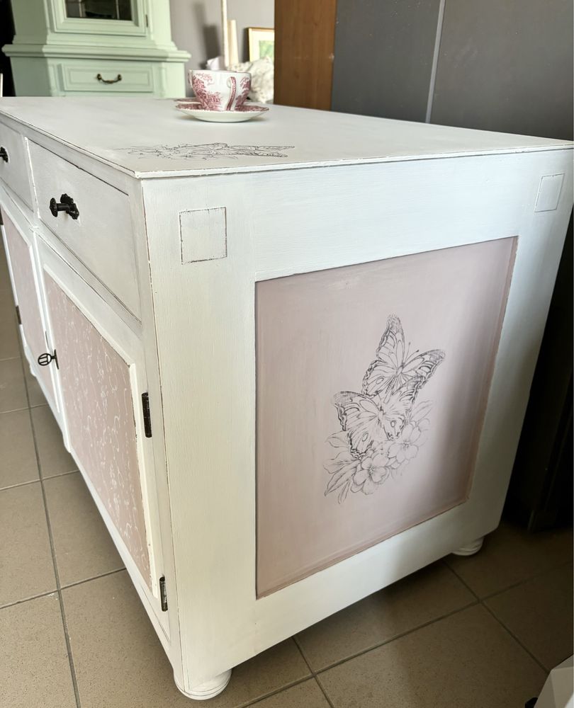Szafka stolik ława drewniana shabby Prowansja biała różowa
