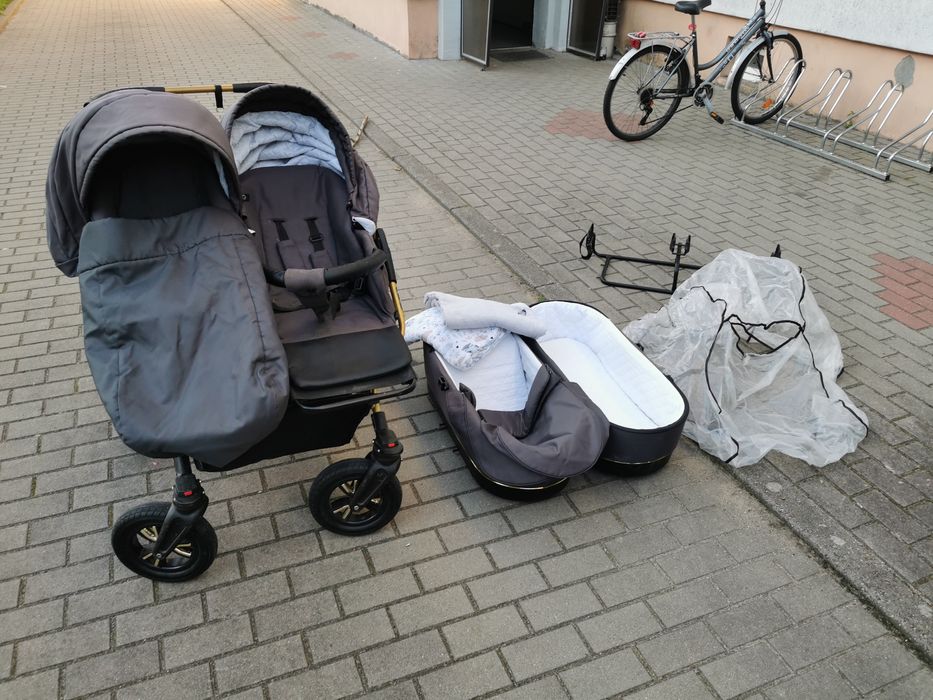 Wózek Dla Bliźniąt 3w1 Gondola, Spacerówka i 2 Nosidełka Samochodowe