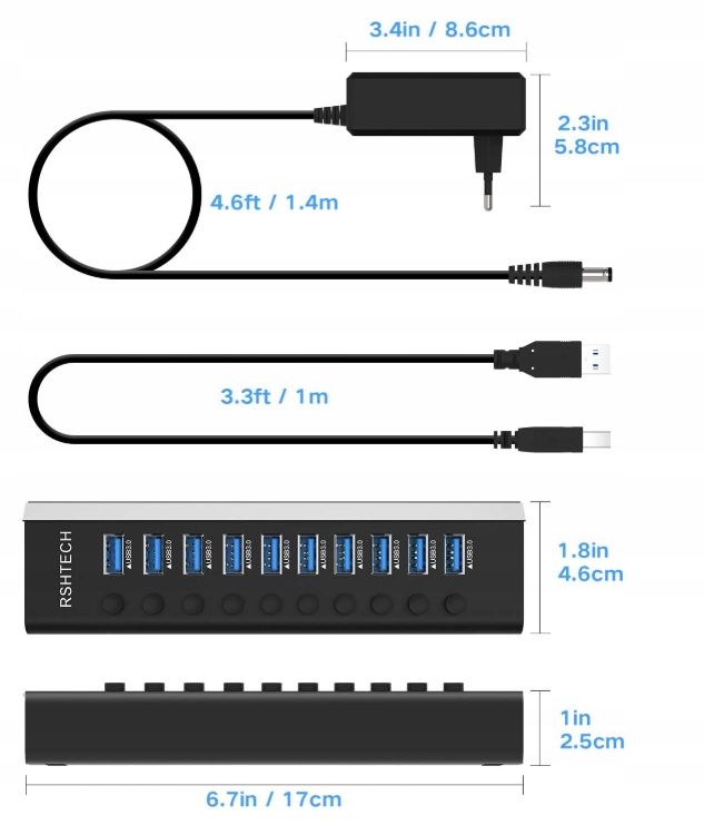 Rshtech RSH-A10 Usb Hub Aktiv 3.0 z zasilaczem POWYSTAWOWY