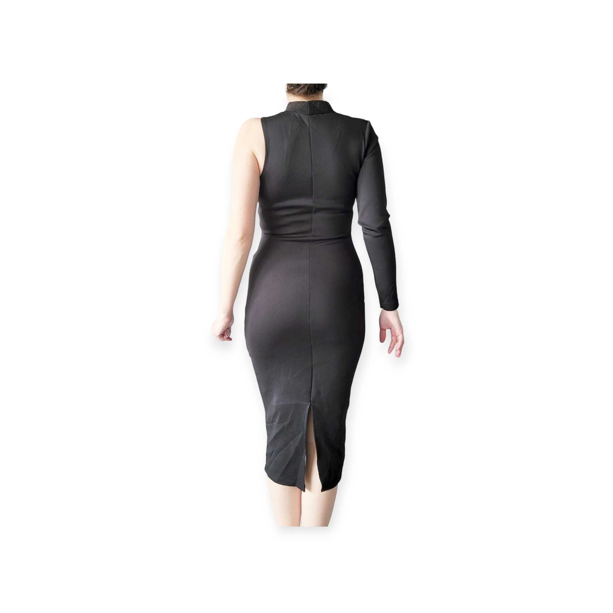 Czarna oryginalna asymetryczna sukienka midi S M dopasowana elegancka