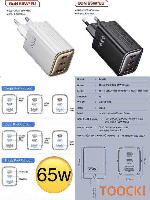 Швидка GaN зарядка 65w 67w Asometech, Essager, Baseus, Toocki 33w 100w