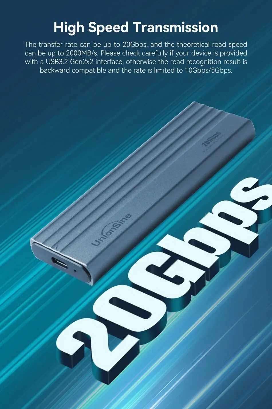 Внешний карман UnionSine 20Gbps M.2 NVMe/SATA SSD to USB 3.2 адаптер