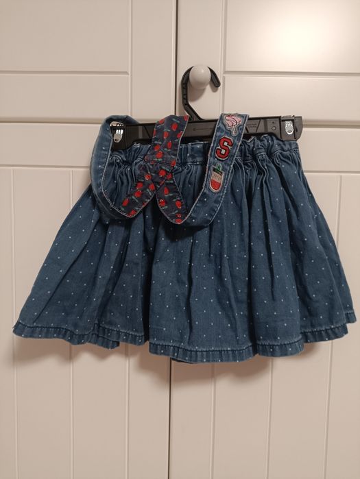 Jeansowa spódniczka ogrodniczka Next r. 98 kotek hafty