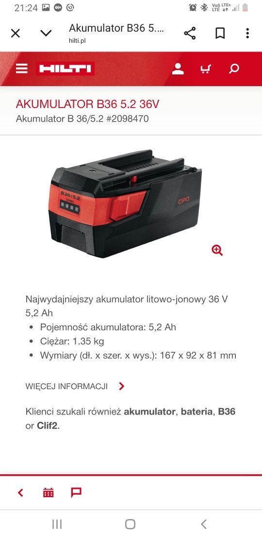 Bateria Hilti b36 5.2 jak nowa akumulator Hilti