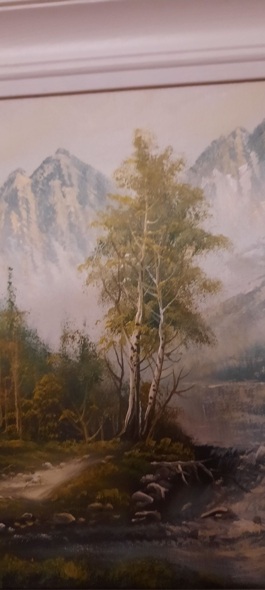 Obraz farba olejna góry,domek,strumieni 49×39 cm
