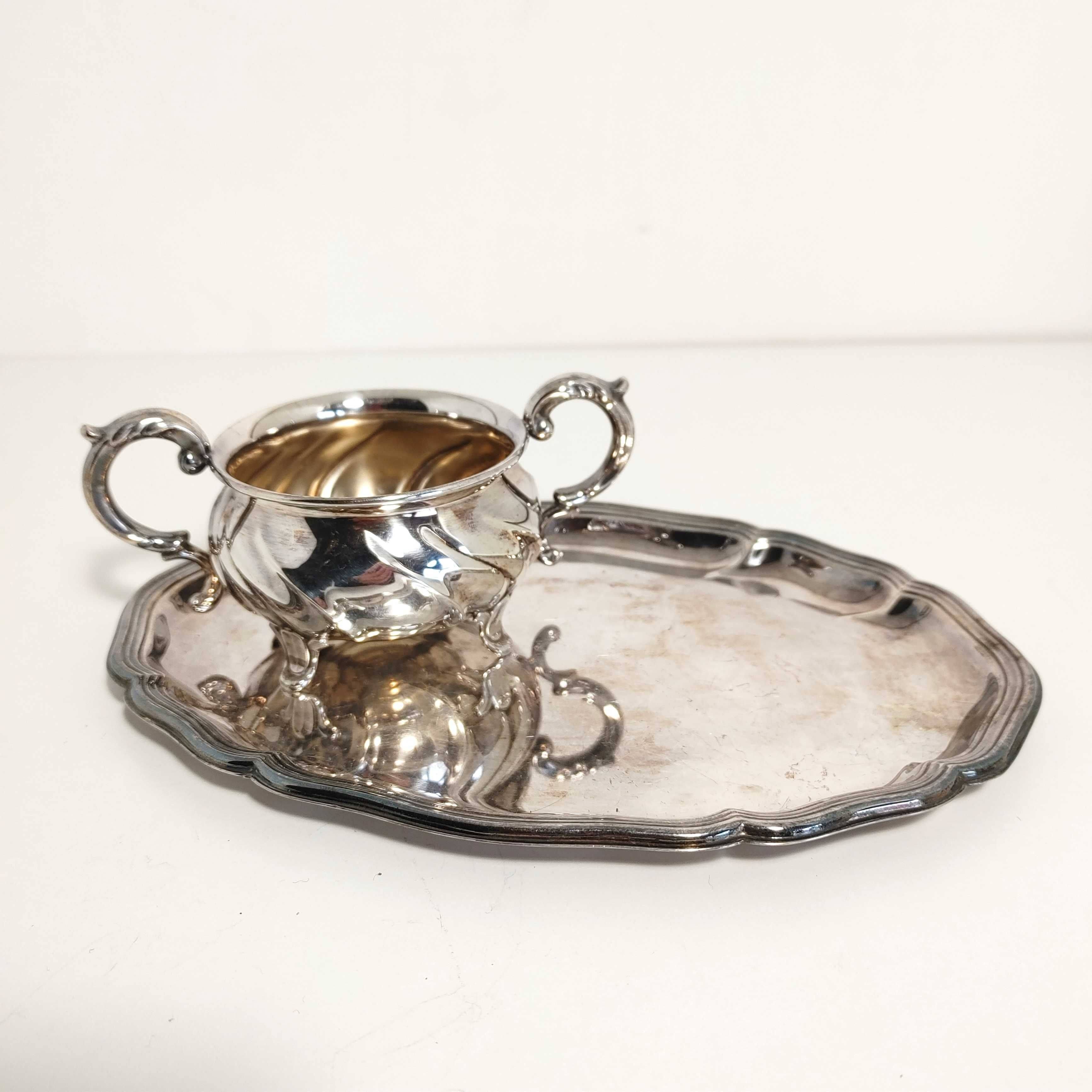 Srebrna cukiernica z srebrną tacką XIX wiek próba 800 Niemcy