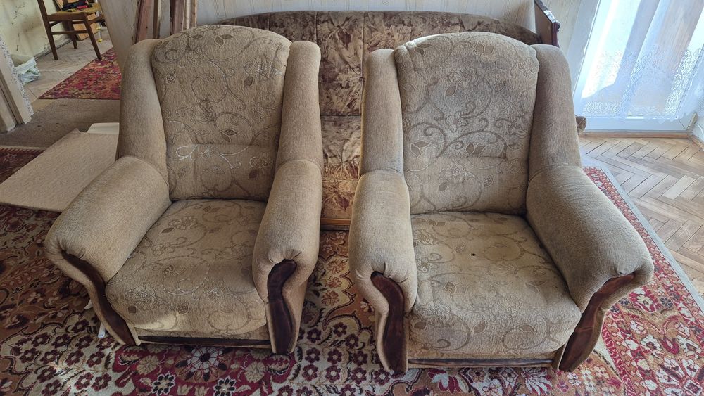 Komplet mebli PRL, wysoki połysk - meblościanka, szafy, fotele