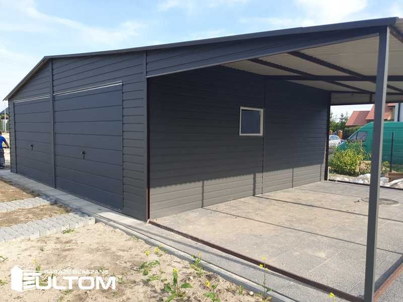 Garaż blaszany akrylowy drewnopodobny z wiatą dwustanowiskowy