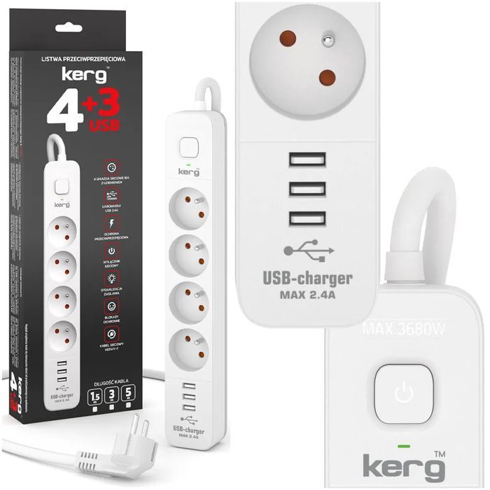Przedłużacz przeciwprzepięciowy Kerg 4 gniazda + USB 3m M02414