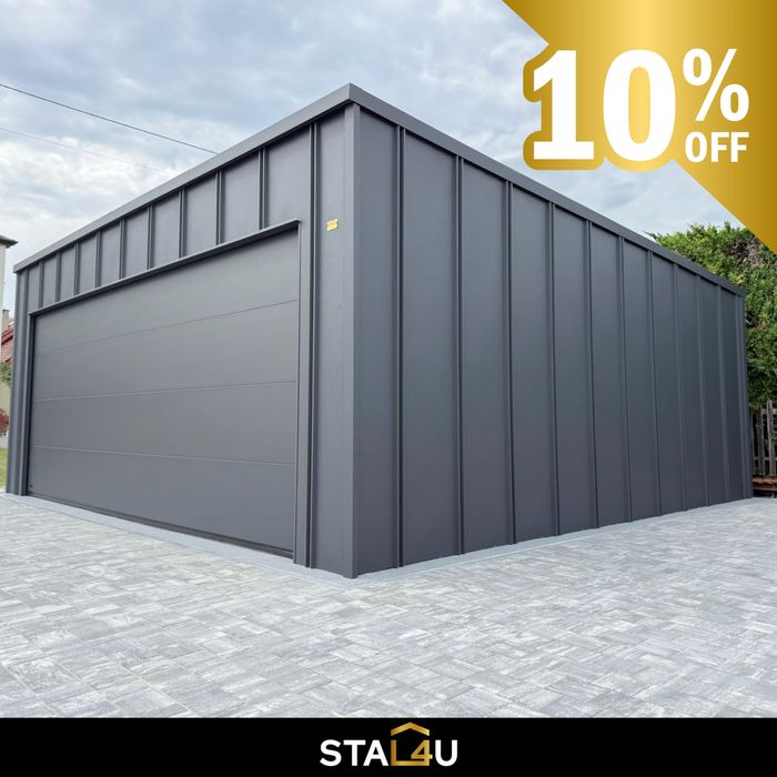 garaż blaszany 6x6 jednospadowy brama segmentowa grafit t-panel