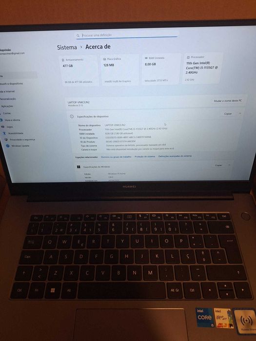 Huawei MateBook D15 – i5 11ª geração, 8GB RAM, 512GB SSD -Ótimo estado