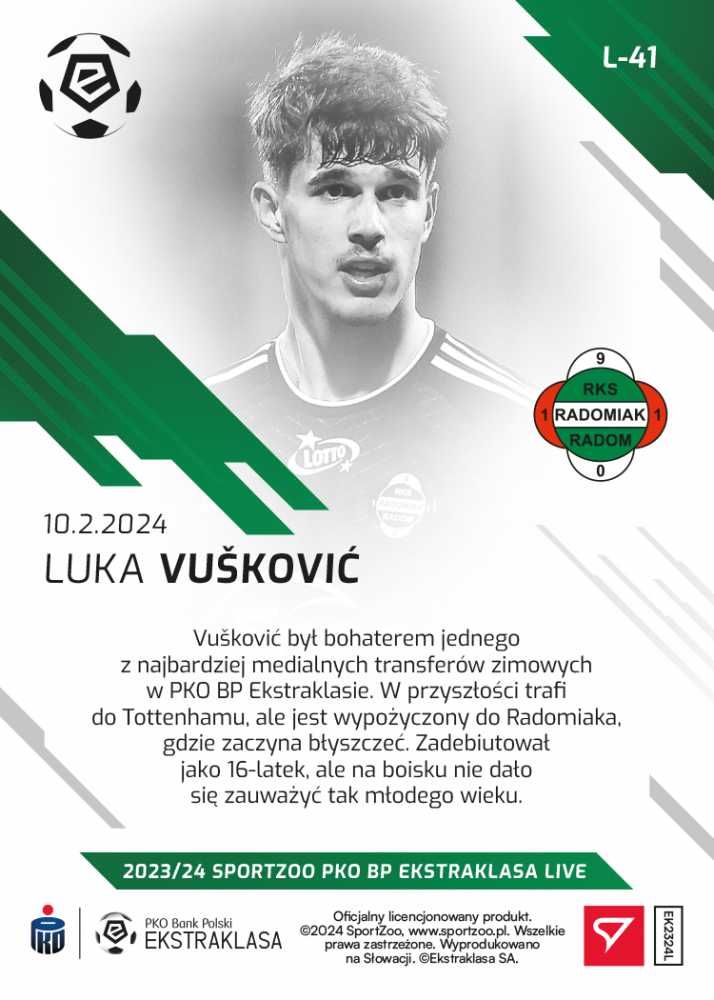 KARTA L-41 Luka Vušković PKO Ekstraklasa 2023/24 LIVE Radomiak Radom