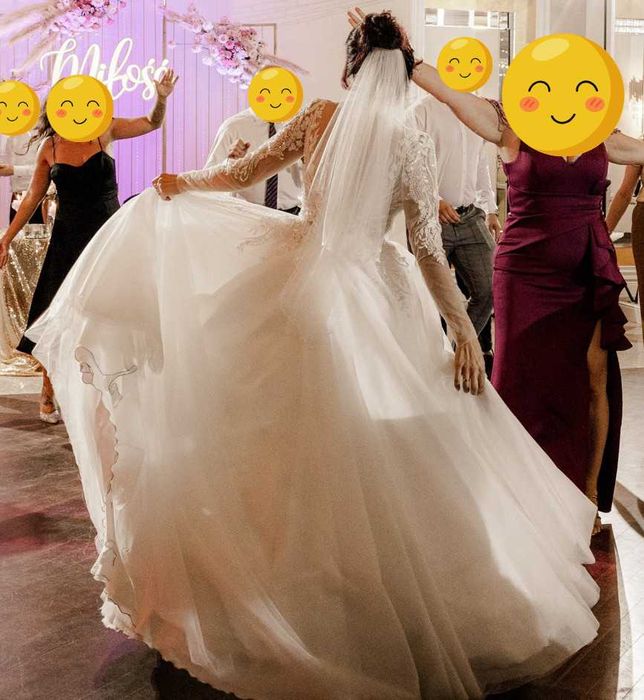 Sprzedam suknię ślubną– raz założona, księżniczka, długi rękaw +welony