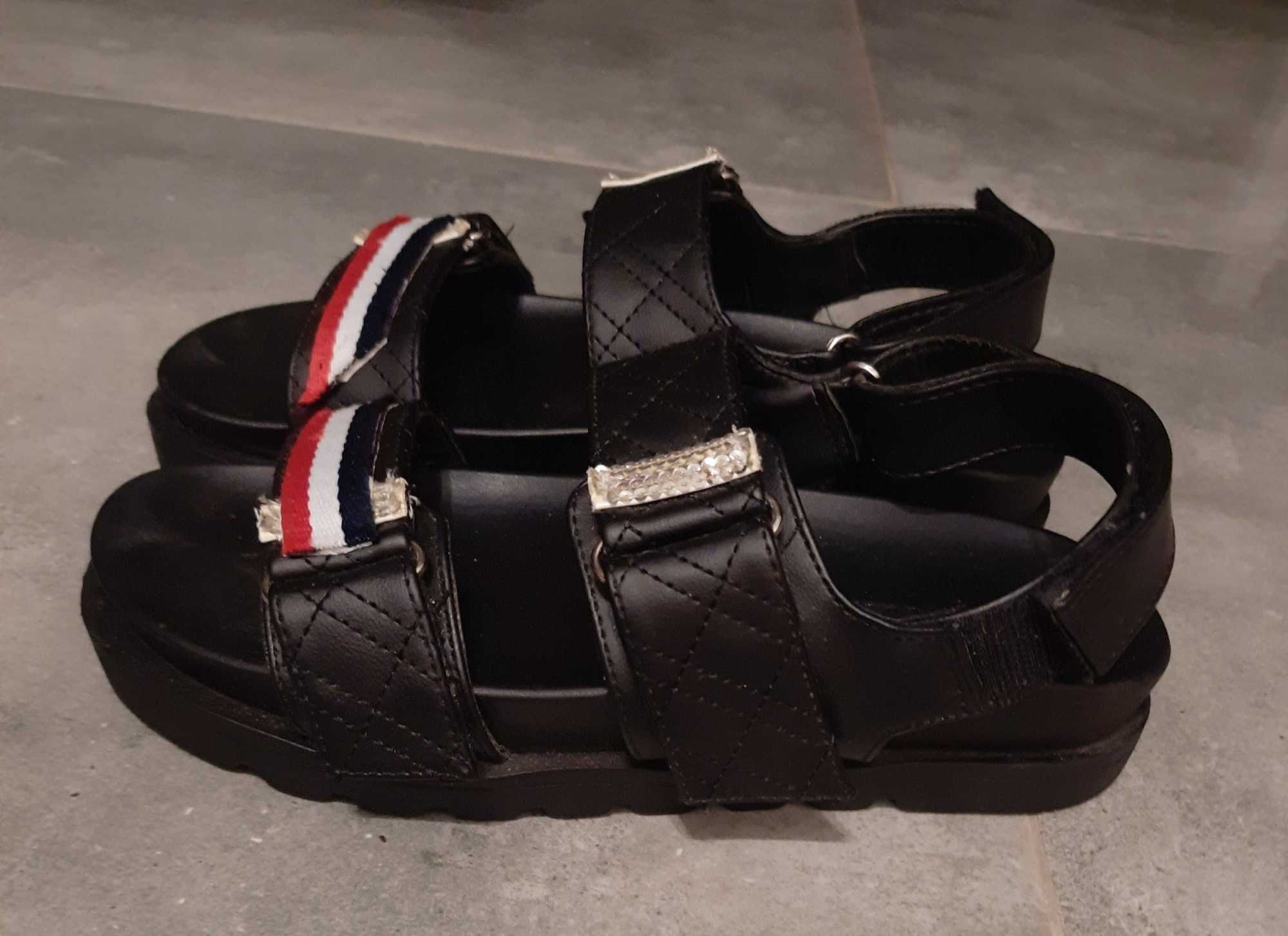 Buty sandaly czarne hilfiger 39 pikowane rzepy gruba podeszwa