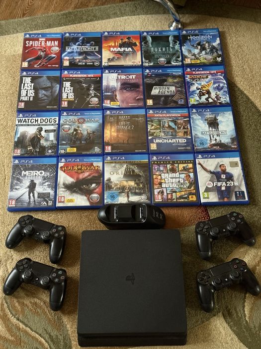PS4 Slim 1tb + диски + геймпади