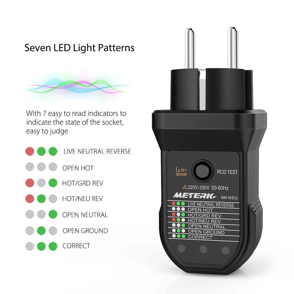 Testador de tomadas e diferenciais 30 mA