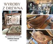 Wyroby z drewna - zegarki, tace, lampy, misy, wieszaki.