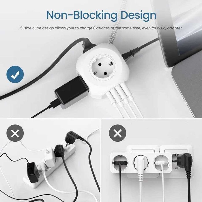 Мережевий розгалужувач трійник 4EU розетки + USB-C + 3USB-A