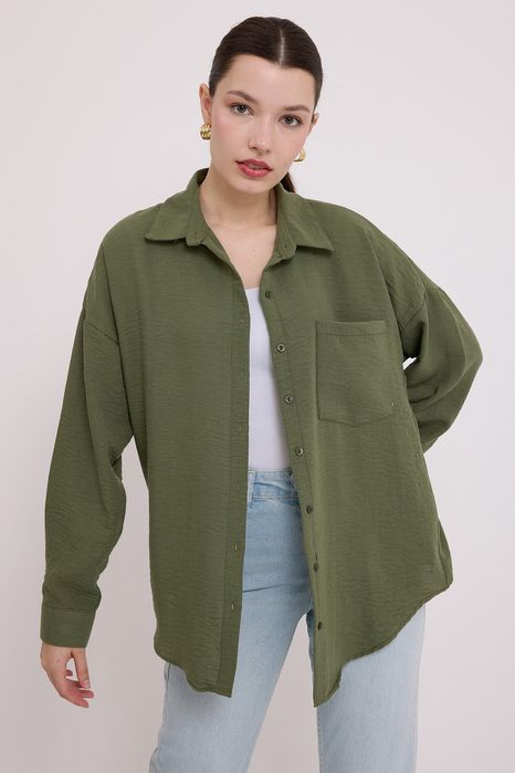 Koszula oversize z jedną kieszenią - khaki L